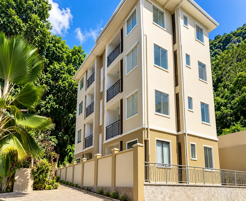 Multi-storey public housing block with landscaped frontage