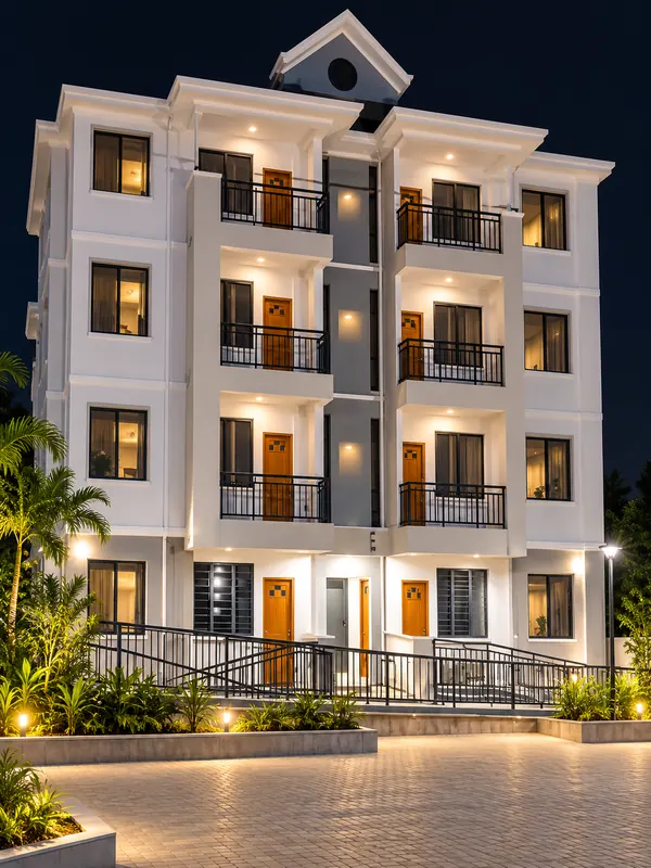 White apartment block lit at night, Petti Paris